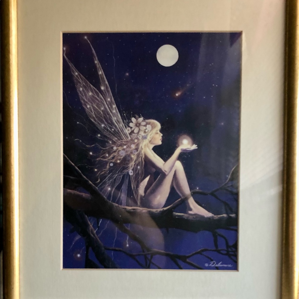 Magical fairy matted print in deep purples & Blues w gold frame signed by artist